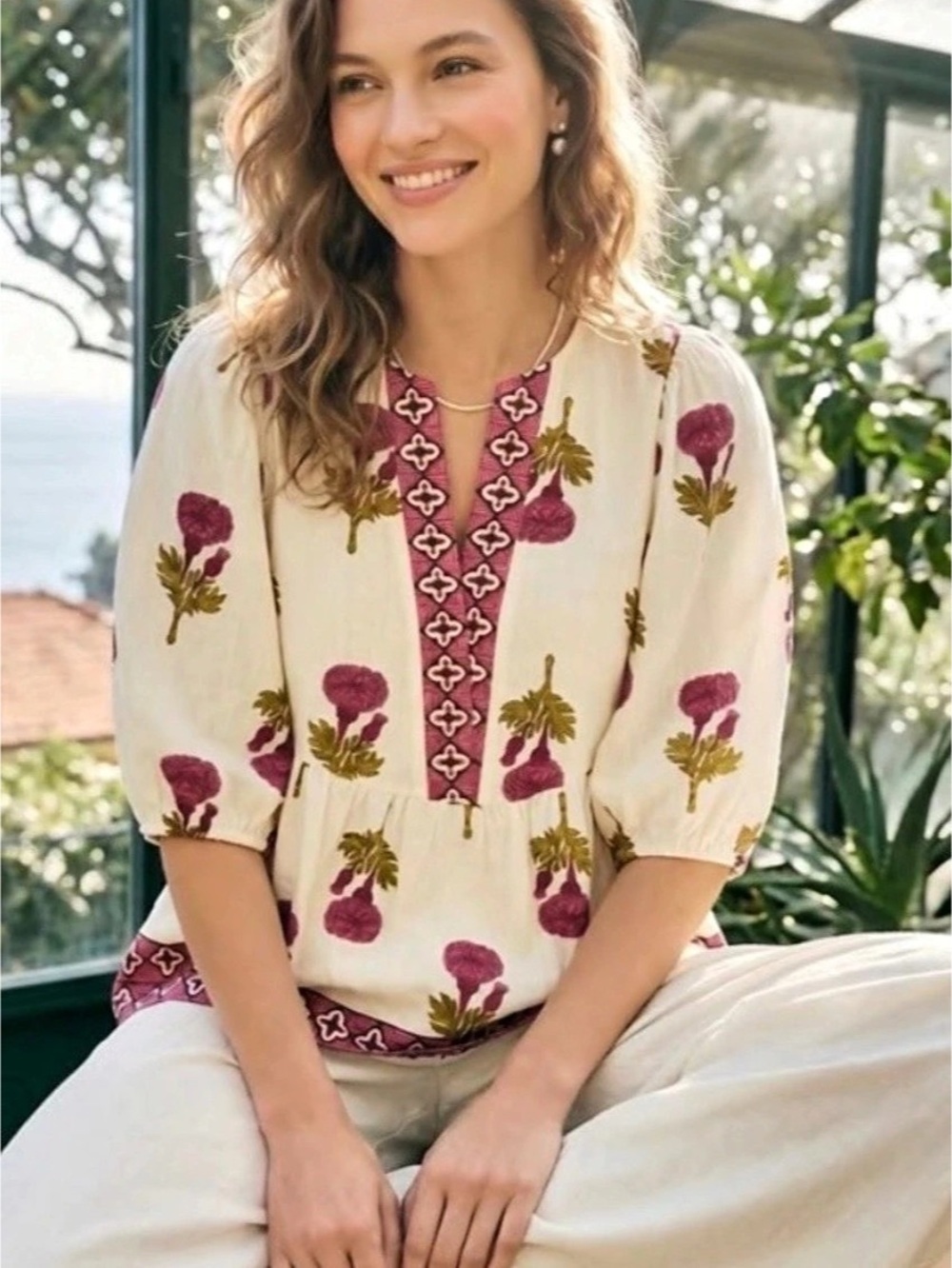 Floral Embroidered Blouse in Cream & Pink NWT